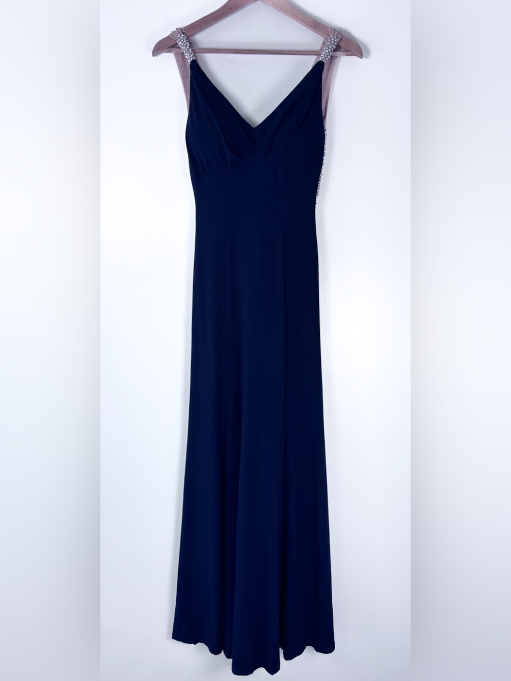 Cache Navy V-Neck Beaded Embellished Draped Back Formal Evening Gown Size 2